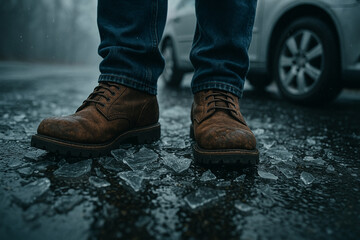 Man in Jeans and Brown Leather Boots Walking on Broken Ice on a Wet Road