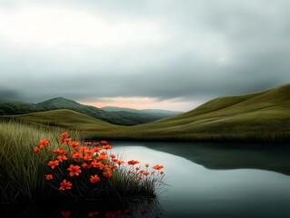 Tranquil pastoral landscape with a serene lake and wildflowers