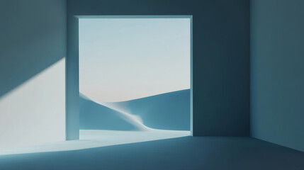 Fototapeta premium serene interior scene featuring minimalist room with large open doorway. view beyond reveals soft, rolling sand dunes under pale sky, creating tranquil and dreamlike atmosphere