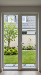 Exterior View from White Frame Double Door into Green Garden