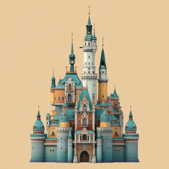 Obraz premium Majestic castle with intricate towers and colorful rooftops rising from a beautiful landscape in a whimsical fantasy world