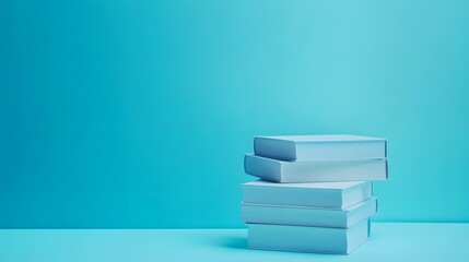 Photograph of stacked blue books on a plain blue surface.