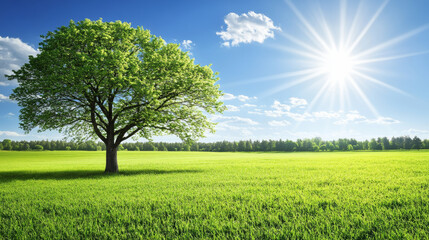 Obraz premium green tree stands alone in lush field under bright blue sky, with fluffy clouds and radiant sun shining down, creating serene and peaceful atmosphere