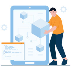 Blockchain technology.  Vector illustration of A developer arranging elements of a blockchain ecosystem on a large screen. Isolated on background