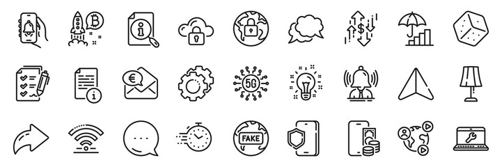 Wifi, Settings gears and Dice line icons pack. Share, Message, Paper plane icons. Chat message, Video conference, Table lamp web icon. Lock, Fake news, Phone pay pictogram. Vector
