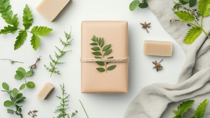 Handmade soap bar wrapped in kraft paper with rustic twine and herbs Generative AI