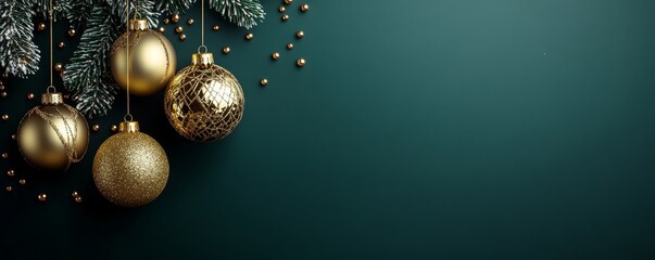 Banner design with hanging golden Christmas ornaments on a dark green background, in a minimalistic style with simple lines and shapes, Generative AI