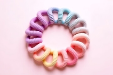 macro shot of pastel spiral hair ties arranged in a circular formation on a simple background with harmonious layout 