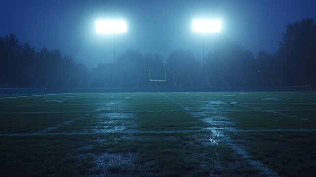 Empty football field under night lights, wet grass glistening. Solitude and anticipation before the game.