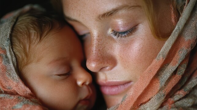 New mother showing her infant baby the first signs of affection, cherishing the early moments of parenthood.