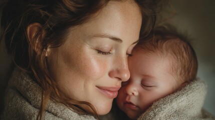 Close interaction between a mother and her newborn baby in a bright, loving home atmosphere.