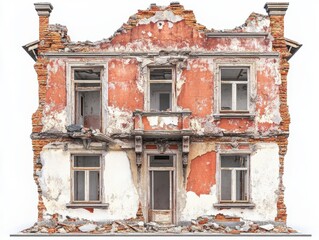 Decayed Two Story Brick Building Against White Background