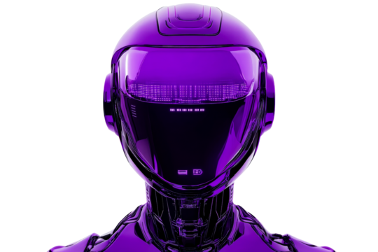 Purple glossy robot in futuristic helmet with visor, cut out transparent