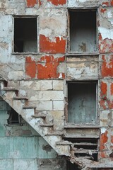 Decaying Brick Building Facade with Crumbling Staircase