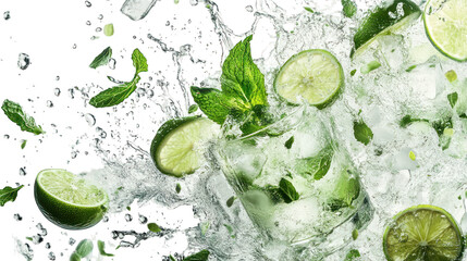 Obraz premium Mojito cocktail splash, lime, mint, ice, dark background, refreshing drink