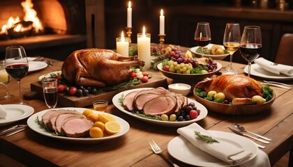 roasted lamb and chiken chops with potatoes in a dinner table