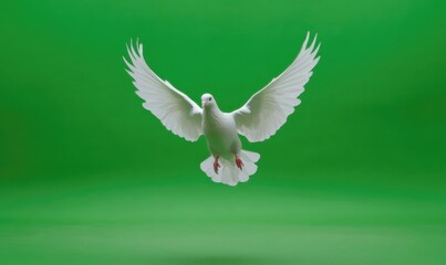 Obraz premium White dove flying on a green screen background. Flying bird with open wings. Abstract white peace dove concept.
