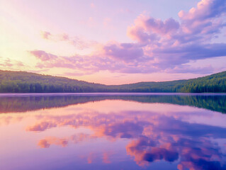 Fototapeta premium Bright clouds race across the twilight sky, their colors mirrored in the still waters of a mountain lake. This peaceful scene captures the calm of evening light and nature's harmony