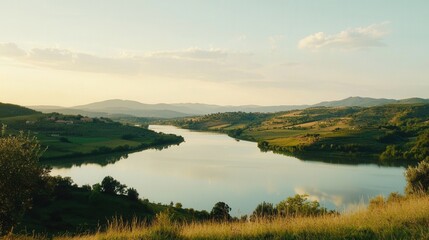 Fototapeta premium Serene River Landscape with Rolling Hills at Sunset