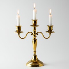 Golden candelabra with burning candles, elegant style isolated on white background