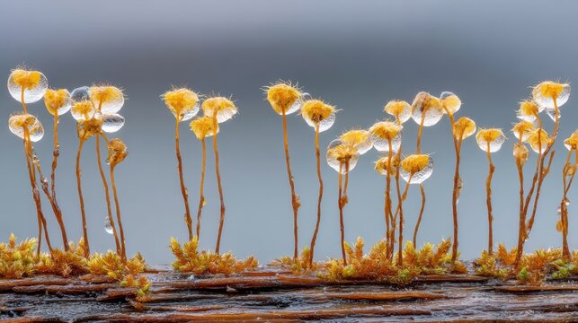 Close-up showing fuzzy mold spores on a decomposing log, capturing the delicate structures and ethereal beauty of fungal life on a decaying surface.