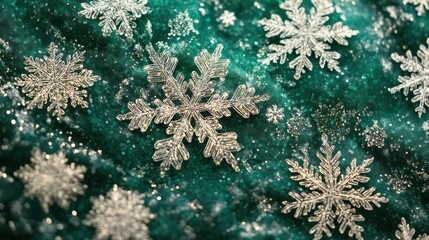 Delicate White Snowflakes on Teal Glitter Background