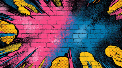 Pop art comic street graffiti with a explosion effect brick wall. 