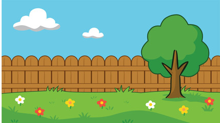 Cheerful Vector Illustration of a Sunny Backyard Scene Featuring a Wooden Fence, Lush Green Grass, Colorful Flowers Blooming, a Solitary Tree, and Fluffy White Clouds in a Bright Sky