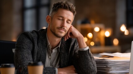 Weary worker naps amidst office clutter