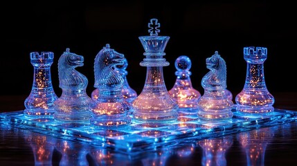 Illuminated chess set with clear pieces on a glowing board