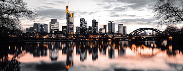 Obraz premium Frankfurt Skyline at Sunset with Bridge Reflected in River Main Cityscape View