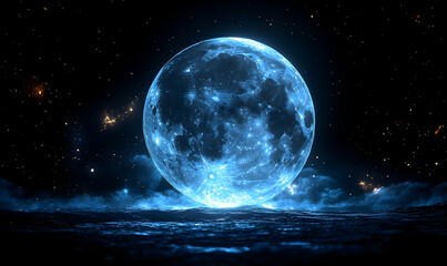 Ethereal Blue Moon Rising Over Dark Ocean Waves Under Starry Nig