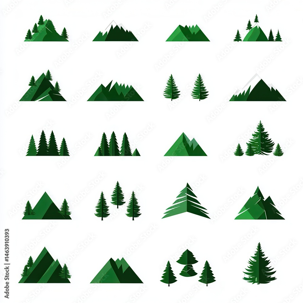 Wall mural collection of green mountains and trees arranged in a grid on a white background design element