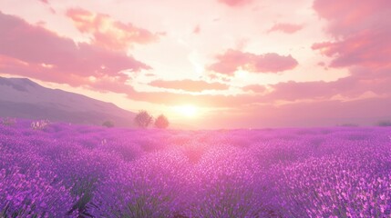 Obraz premium Serene Sunset over Lavender Field and Mountains