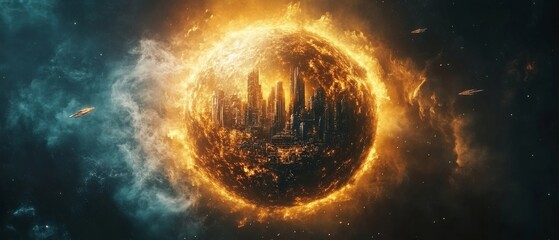 Obraz premium futuristic space colony built inside a glowing nebula with massive domed cities and spacecraft coming and going, Generative AI