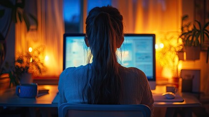 Woman working at computer at night home office setup remote work productivity focus concentration late hours 