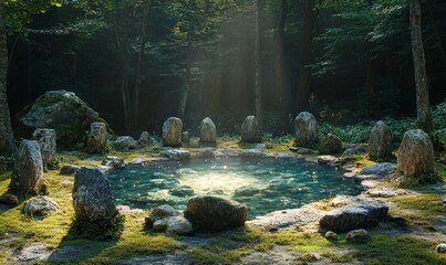 magical forest clearing with a glowing crystal pool surrounded by ancient runestones and soft moonlight filtering through, Generative AI