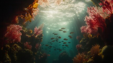 Naklejka premium Underwater Scene Sunbeams Illuminate Vibrant Coral Reef and Fish