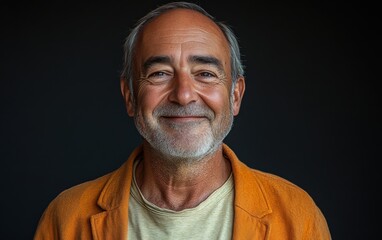 Fototapeta premium old vogue confident smiling man with short hair, wearing a light solid color blazer, standing against color background