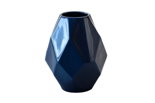 Geometric vase, modern, decorative ceramic, blue color, isolated, cut out transparent