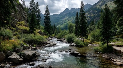 Obraz premium Rocky River Winding Through Mountains