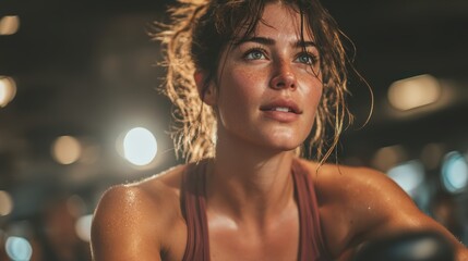 A woman working hard on an exercise bike in the gym, feeling the burn as she pursues a healthier, slimmer, and firmer body.