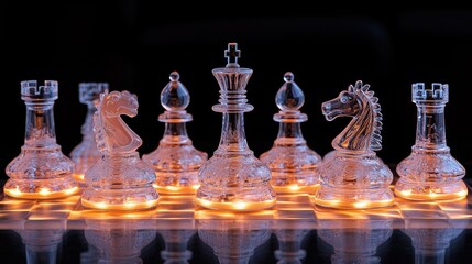 Illuminated, glass chess pieces stand on a reflective board with a black background