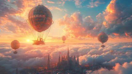 whimsical airship race through the clouds where colorful dirigibles compete under a pastel sunset, Generative AI