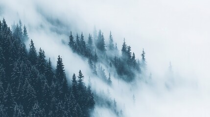 Misty Mountain Forest Winter Conifers in Fog