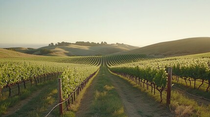 Fototapeta premium Vineyard Rows at Sunset Rolling Hills Landscape