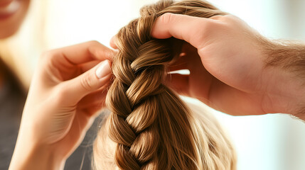 hands are braiding blonde hair into a beautiful braid. The image focuses on the hands weaving and styling the hair