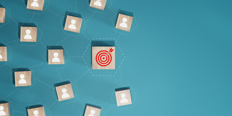 Red dartboard and red arrow connection linkage with human icon for customer focus target group and customer relation management concept.