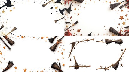 Halloween themed decorative borders with brooms, bats, and stars