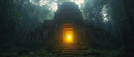 Obraz premium dramatic jungle expedition where explorers discover a hidden temple glowing with mystical energy, Generative AI
